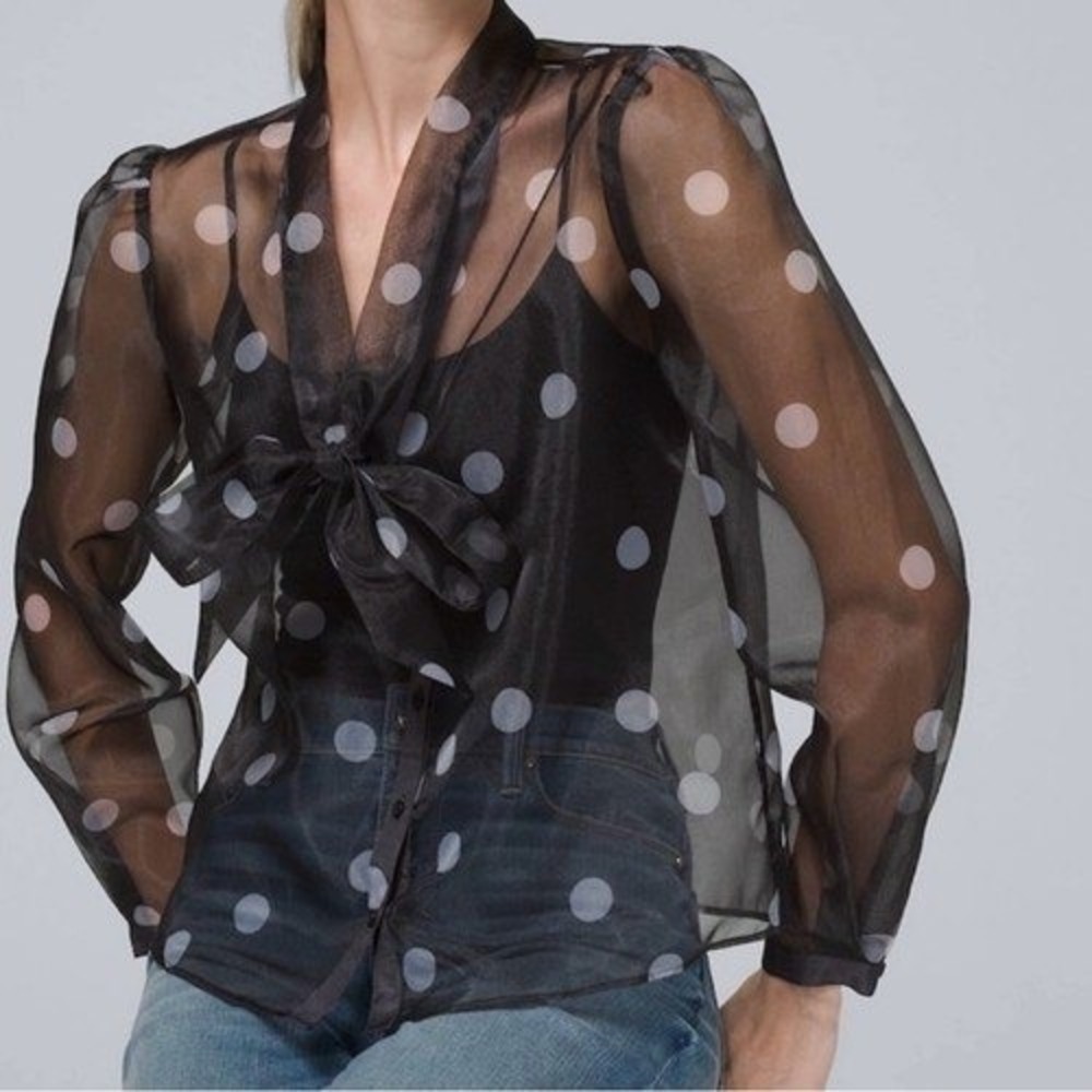 NWT $99 White House Black Market Sheer‎ Organza Polka Dot Bow Front Blouse XS